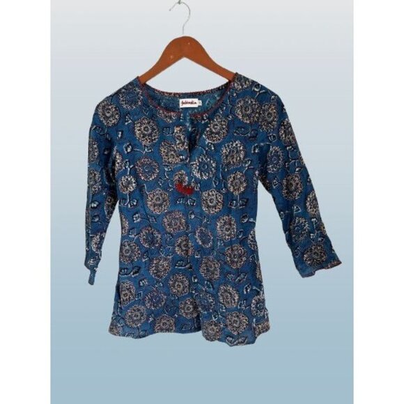 FABINDIA Printed Cotton Collared Tunic Peasant Boho Blouse Blue Size XSmall - Picture 2 of 9
